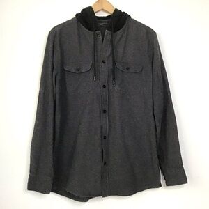No Boundaries Mens Hooded Flannel Button Shirt Size M (38-40) Dark Gray Black